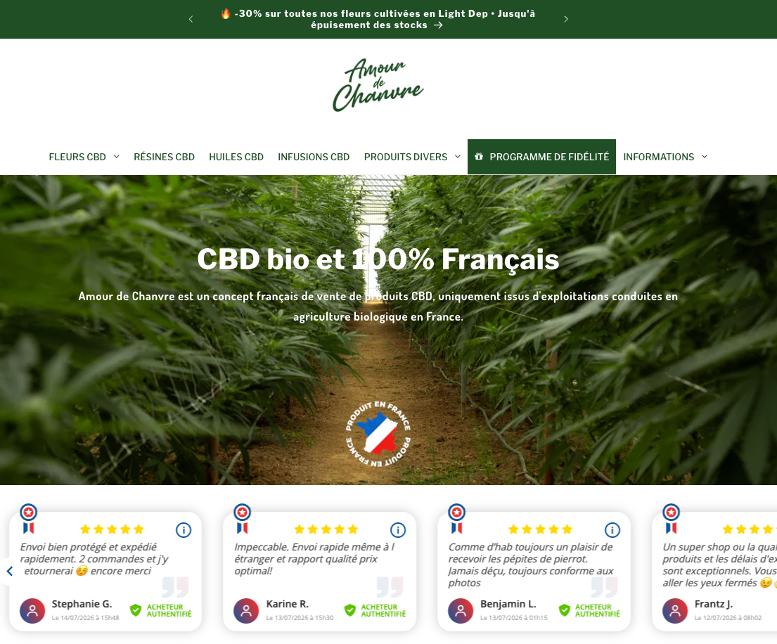 Site e-commerce Amour de Chanvre, boutique CBD en ligne